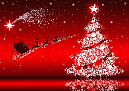 Vacances, Noël, Arbre de Noël, Rouge, Rennes, Père Noël, Traîneau, Étoiles, Fond d'écran HD HD wallpaper