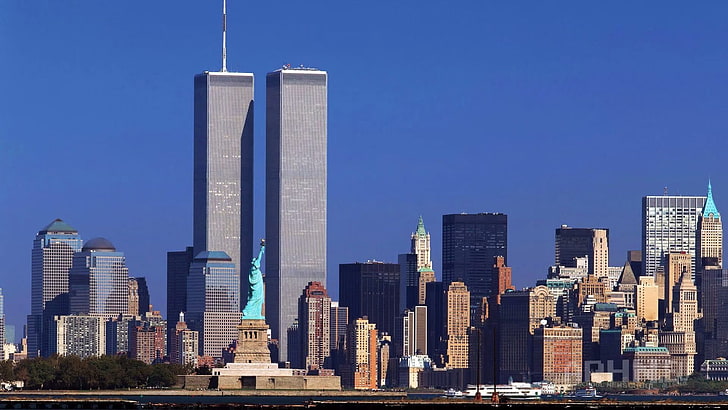 budynki z szarego betonu, miasto, pejzaż miejski, architektura, budynek, Manhattan, Nowy Jork, USA, wieżowiec, Statua Wolności, vintage, cień, World Trade Center, Never Forget, Twin Towers, Tapety HD