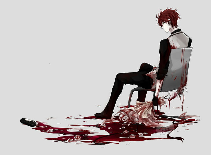 Anime Boy, Blood, Flowers, anime boy, krew, kwiaty, Tapety HD