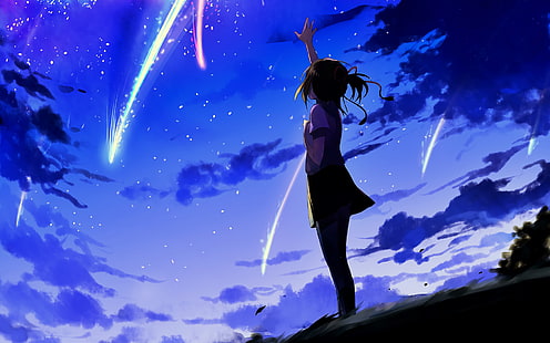 키미 노와, mitsuha miyamizu, 밤, 하늘, 구름, 애니메이션, HD 배경 화면 HD wallpaper
