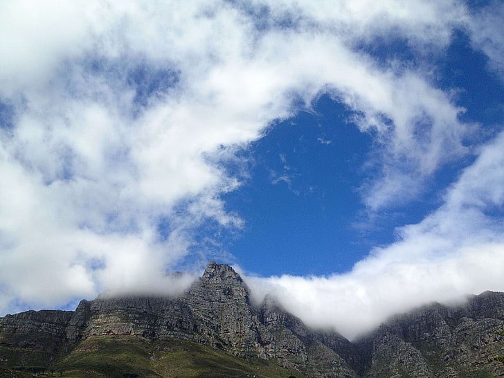 blue sky, cloud formation, clouds, daylight, environment, fog, foggy, hill, landscape, light, low angle shot, mountains, nature, outdoors, rocks, scenic, south africa, summer, travel, valley, water, wood, woods, HD wallpaper