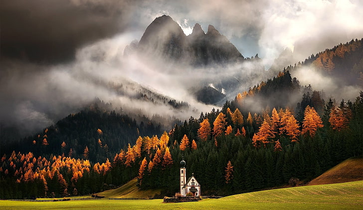 white cathedral, green and yellow larch trees, nature, landscape, mountains, forest, Italy, fall, clouds, trees, mist, church, hills, grass, field, valley, pine trees, Max Rive, HD wallpaper