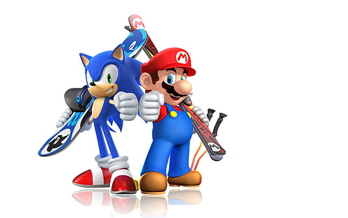 Mario And Sonic At The Sochi 2014 Olympic Winter Games, Mario Bros., Simple Background, Skis, Snowboards, Sonic The Hedgehog, video games, HD wallpaper HD wallpaper