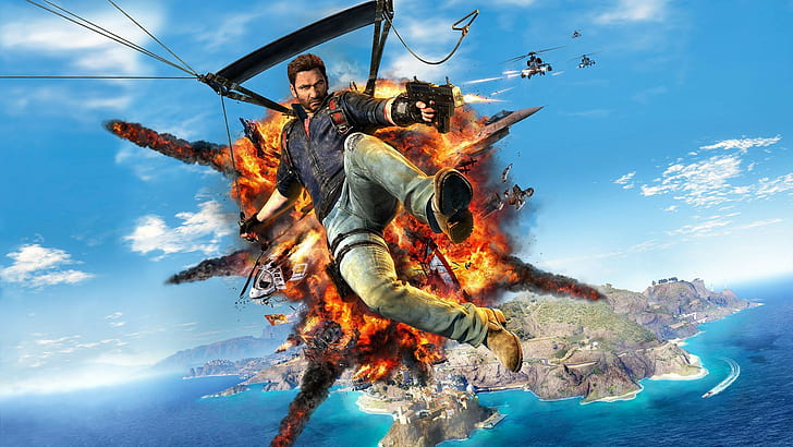 Just Cause 3, Square Enix, Just Cause 3, fight, Helicopter, hook, arms, island, water, sky, airplane, at home, Avalanche Studios, Square Enix, HD wallpaper