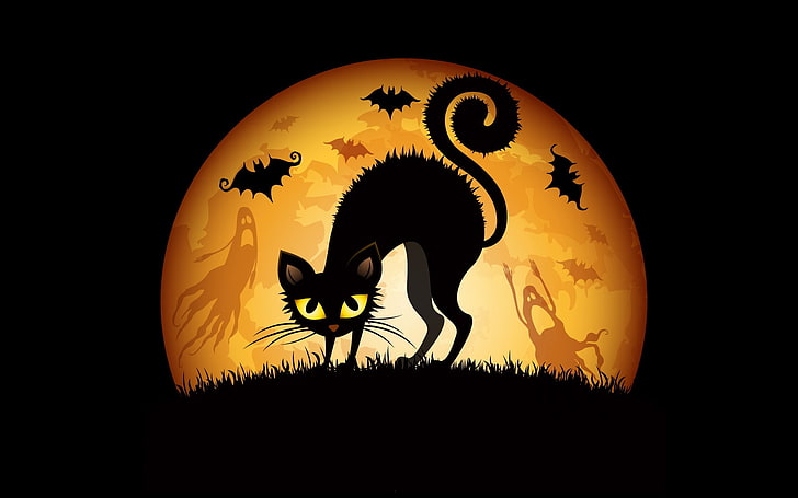 черная кошка иллюстрация, хэллоуин, кошка, животные, фэнтези арт, HD обои