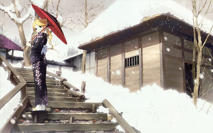 woman holding red paper umbrella anime character wallpaper, anime, winter, Sayonara Zetsubou Sensei, Kimura Kaere, HD wallpaper