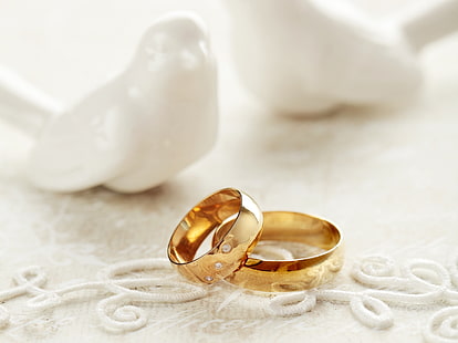 пръстен с цвят на злато, празник, гълъби, дантели, сватба, сватбени пръстени, сватбени пръстени гълъби, HD тапет HD wallpaper