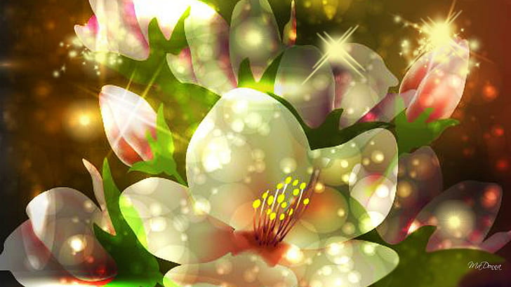 Lotus Blossom Lights, fiori bianchi rosa e gialli, luci, stelle, orientali, fiore, luminoso, primavera, astratto, loto, bagliore, estate, giglio, natura e landsc, Sfondo HD