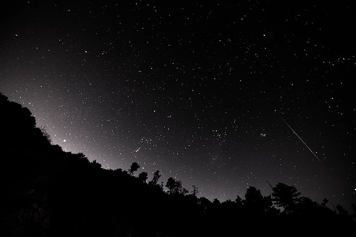 Ilustración de estrella fugaz, paisaje, montañas, árboles, noche estrellada, estrellas, noche, estrellas fugaces, Fondo de pantalla HD