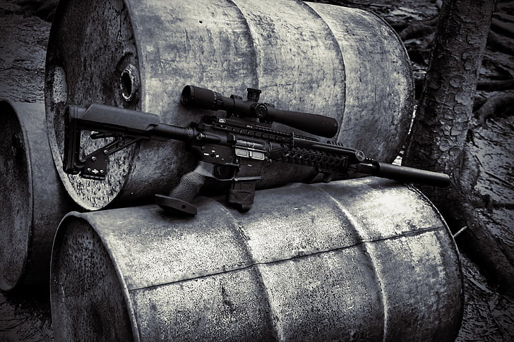 black assault rifle with tactical scope, gun, sniper rifle, AR-15, suppressors, scopes, barrels, monochrome, weapon, rifles, HD wallpaper
