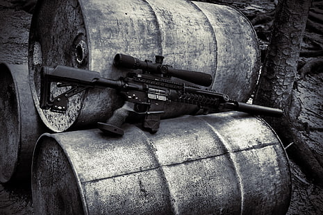 black assault rifle with tactical scope, gun, sniper rifle, AR-15, suppressors, scopes, barrels, monochrome, weapon, rifles, HD wallpaper HD wallpaper