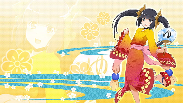 ilustrasi karakter perempuan berambut hitam, onigiri, mmorpg, gadis, anime, kimono, Wallpaper HD