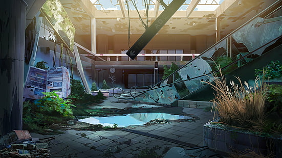 Anime, original, övergiven, byggnad, rulltrappa, mossa, ruin, landskap, vatten, HD tapet HD wallpaper