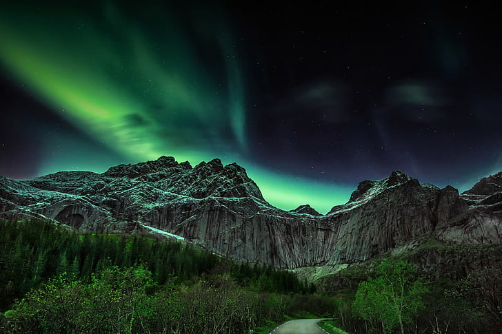 Luces del norte de Noruega, árboles y montañas, camino, árboles, Noruega, montañas, noche, luces del norte, Fondo de pantalla HD