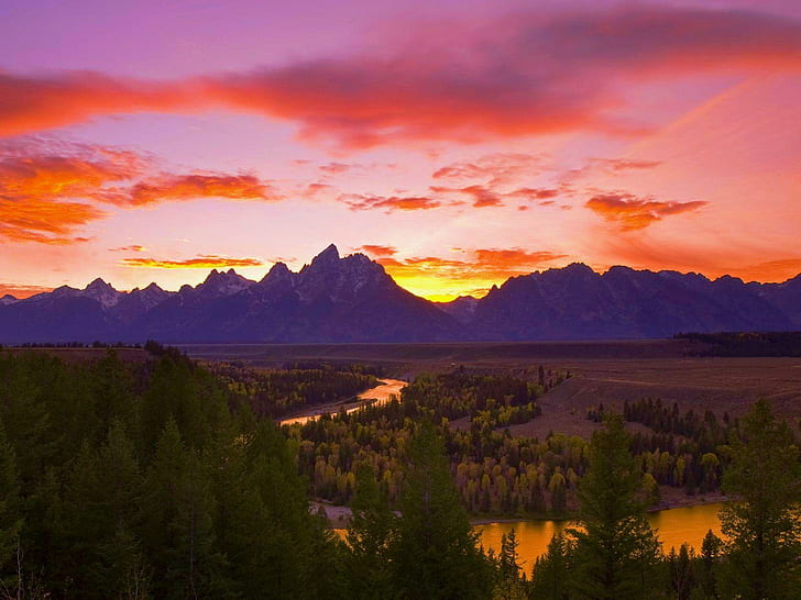 Snake River, Grand Teton National Park, sunset, mountains, landscape, trees, colors, HD wallpaper