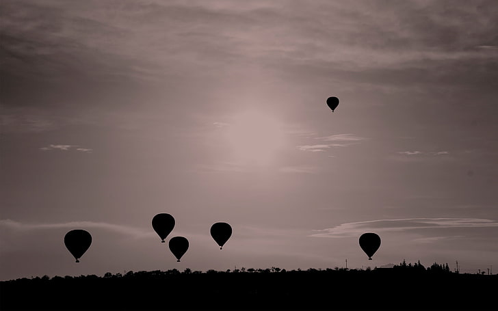 six hot air balloons, balloon, sky, landscape, flying, monochrome, nature, HD wallpaper