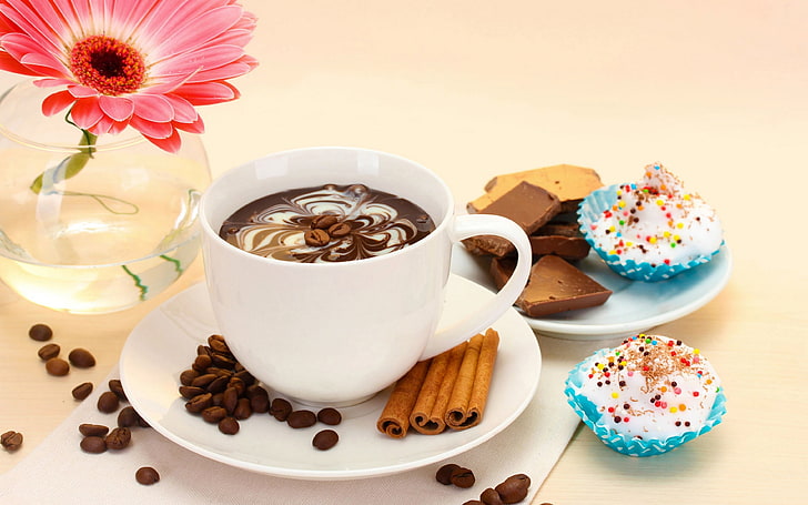 xícara de chá e pires brancos, flores, café, comida, chocolate, copa, bolo, flor, sobremesa, gerbera, HD papel de parede