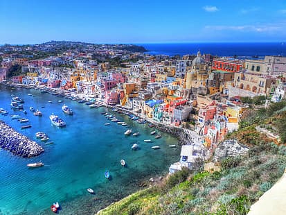プローチダ、イタリア、カンパニア、家、教会、湾、海、ボート、港、都市、都市景観、風景、 HDデスクトップの壁紙 HD wallpaper