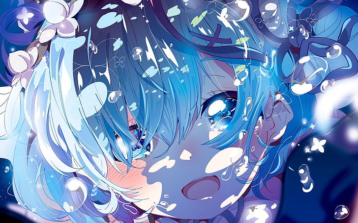 ilustracja niebieskowłosej dziewczyny, Rem (Re: Zero), niebieskie włosy, niebieskie oczy, ozdoba do włosów, płacz, rumieniec, anime dziewczyny, Re: Zero Kara Hajimeru Isekai Seikatsu, dzieło sztuki, cyan, Tapety HD