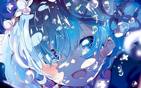 иллюстрация с синими волосами, Rem (Re: Zero), синие волосы, голубые глаза, украшение для волос, плач, покраснение, аниме девушки, Re: Zero Kara Hajimeru Isekai Seikatsu, работа, голубой, HD обои HD wallpaper