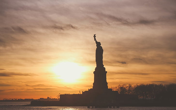Statue of Liberty, sunset, sea, American, Statue, Liberty, Sunset, Sea, American, HD wallpaper