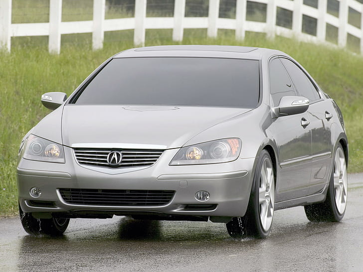 Acura, Rl, koncept, 2004, grå metallic, framifrån, stil, bilar, gräs, staket, våt asfalt, HD tapet