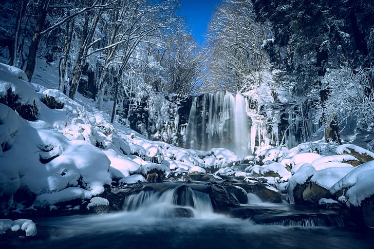 inverno, floresta, neve, Árvores, rio, cascata, Japão, cascata, Nagano, Karasawa Falls, Водопад Карасава, HD papel de parede