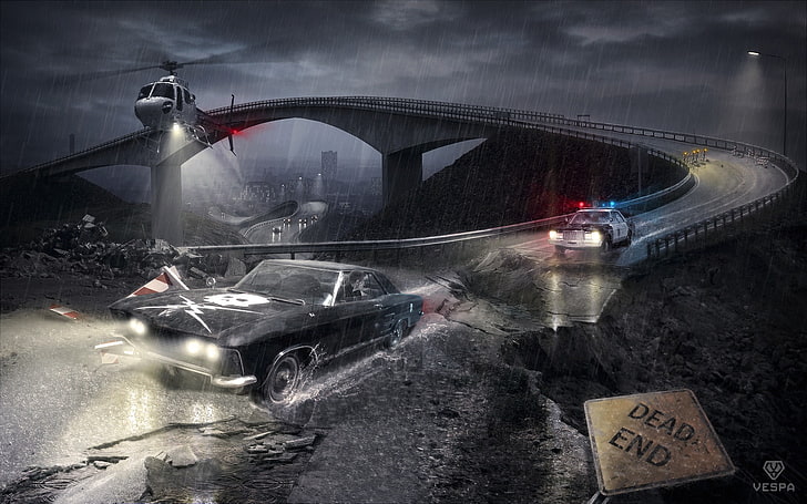 car illustration, rain, police, chase, bandit, HD wallpaper