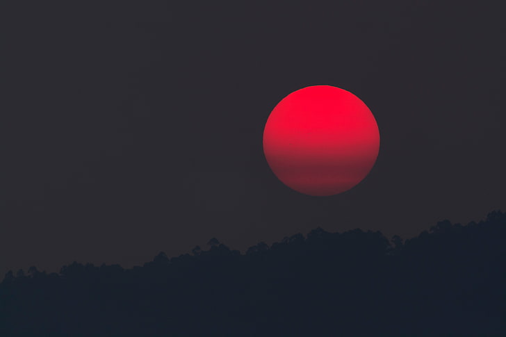 4K, Matahari Terbenam, Bulan Merah, Bulan Purnama, Wallpaper HD