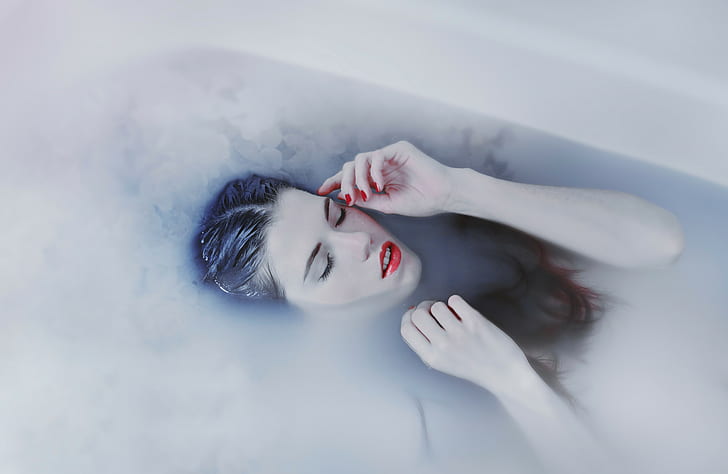 bathtub, model, women, closed eyes, painted nails, red lipstick, pale, HD wallpaper