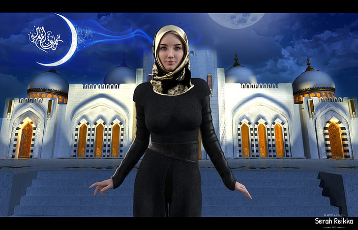 wanita, agama, syal, gaun hitam, membuat, desain 3d, Wallpaper HD