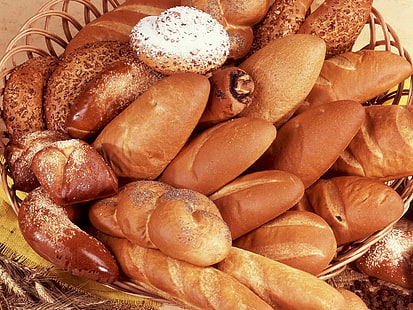 коричневый хлеб, макаронные изделия, выпечка, хлеб, плетеный, корзина, HD обои HD wallpaper