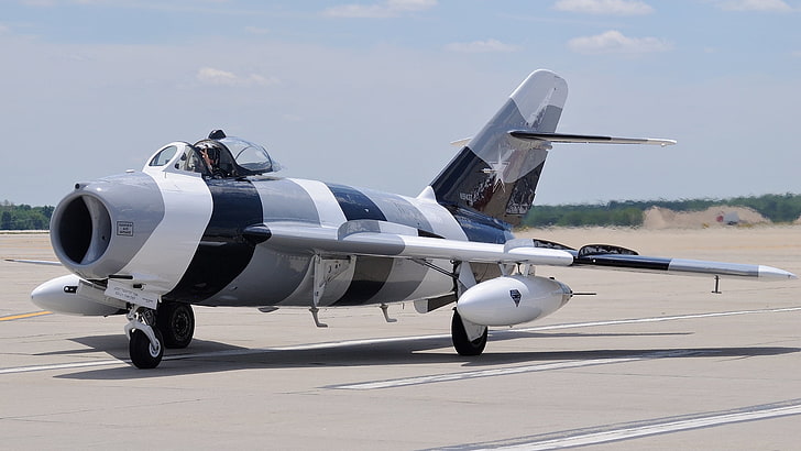white, gray, and black biplain, mig-17, fighter, aircraft, airfield, HD wallpaper