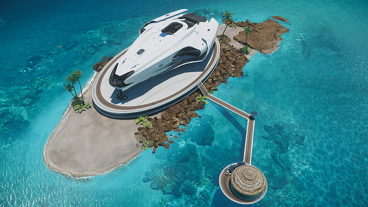 ilustracja statku kosmicznego, Star Citizen, morze, wyspa, statek kosmiczny, fantastyka naukowa, Tapety HD