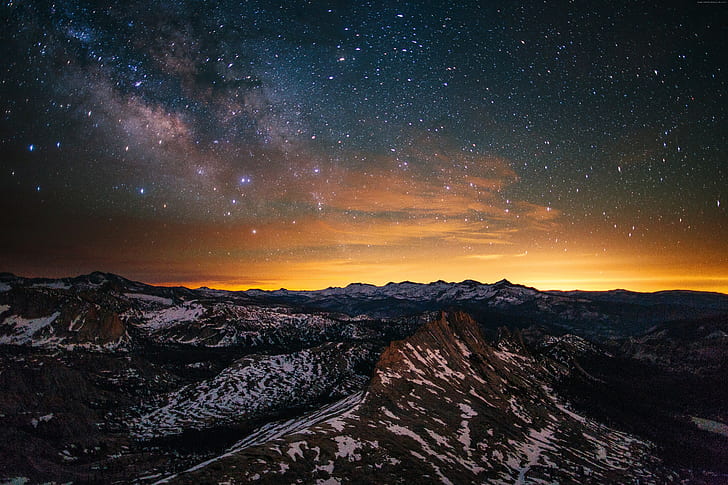 montagne, stelle, Yosemite, 5k, 4k, mela, OSX, 8k, tramonto, foresta, Sfondo HD