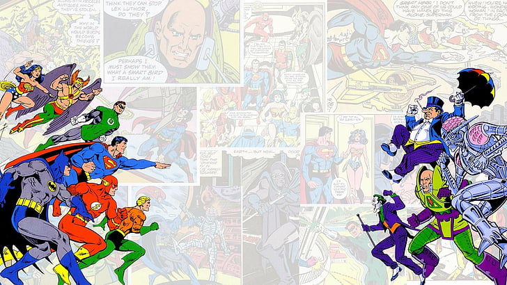 Comics, DC-Comics, Aquaman, Batman, Flash, Green Lantern, Hawkman, Joker, Pinguin (DC-Comics), Superman, Wonder Woman, HD-Hintergrundbild
