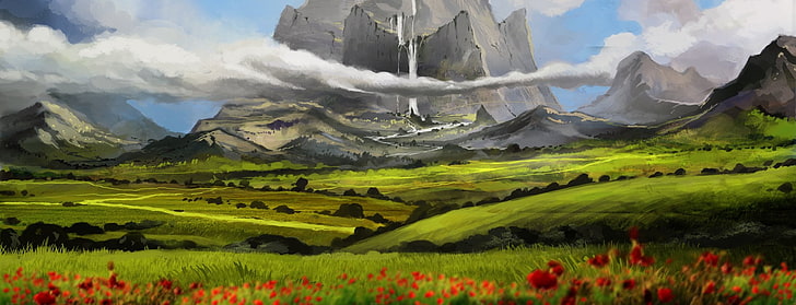 Fantasy, Landscape, Cloud, Field, Mountain, Nature, Poppy, Waterfall, HD wallpaper