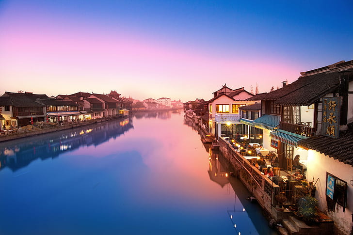 China, este, pueblo, casas de hormigón marrón y blanco, río, China, casas, pueblo, este, Fondo de pantalla HD