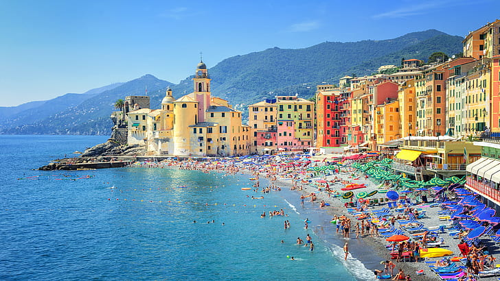 camogli, liguria, genova, italy, europe, beach, colorful, portofino, coast, shore, HD wallpaper