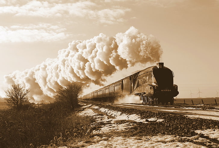 ilustrasi kereta, kendaraan, sepia, kereta api, lokomotif uap, Wallpaper HD