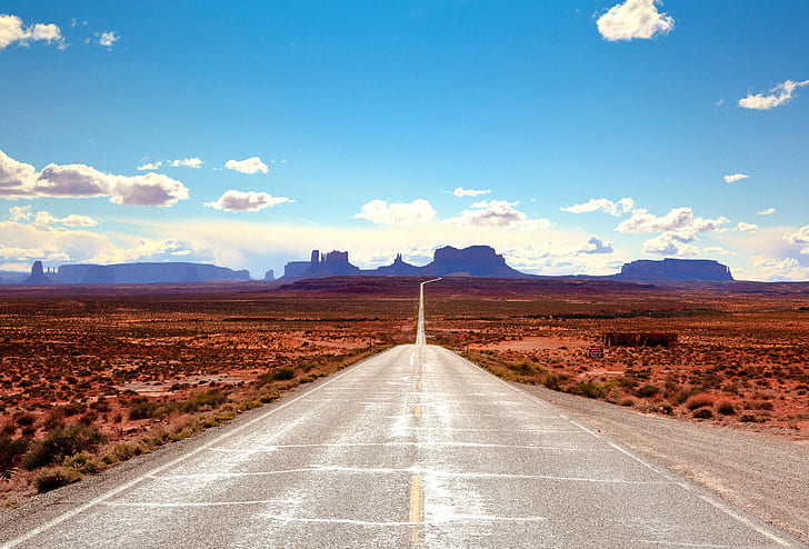 gray concrete road between brown withered grass field under blue sky, Mile Marker, gray, concrete road, brown, withered, grass, blue sky, monument valley  utah, arizona, amazing, majestic, landscape, awe, Navajo  Nation, mile, marker, Route 163, Forest Gump, Navajo Nation, Desert  road, clouds, sky, buttes, Mesa, desert, road, uSA, nature, travel, mountain, outdoors, scenics, highway, monument Valley, no People, HD wallpaper