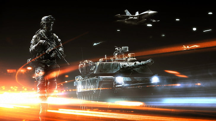 Fondo de pantalla digital de la aplicación de juego Battlefield 4, ilustraciones, videojuegos, Battlefield 3, soldado, tanque, avión de combate, senderos de luz, Fondo de pantalla HD