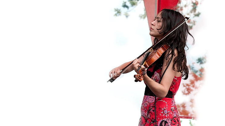 brown and black violin, lucia micarelli, girl, violin, dress, play, HD wallpaper