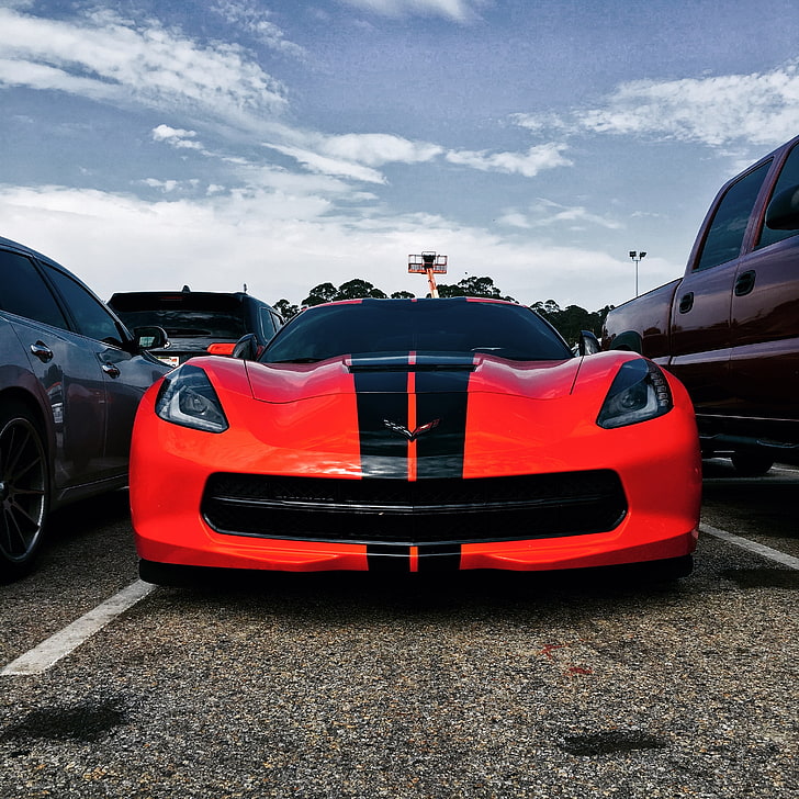 червено и черно Chevrolet Corvette Stingray спортно купе, авто, спортна кола, изглед отпред, червено, HD тапет