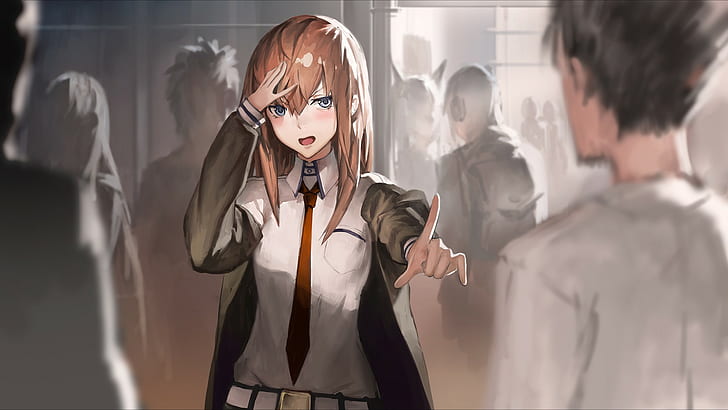 аниме, аниме девушки, Steins; ворота, Makise Kurisu, галстук, манга, руки на голову, HD обои