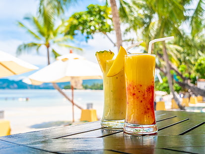 море, пляж, лето, солнце, пальмы, коктейль, манго, ананас, фрукты, напиток, пальмы, тропический, HD обои HD wallpaper