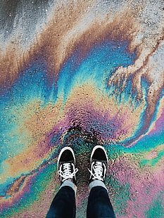 pair of black sneakers, feet, sneakers, color, vibrant, stains, HD wallpaper HD wallpaper