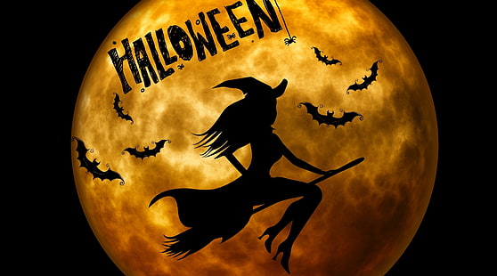 Хелоуин вещица на метла оранжев, празници, Хелоуин, луна, нощ, летене, вещица, прилепи, метла, сюрреалистичен, странно, атмосфера, HD тапет HD wallpaper