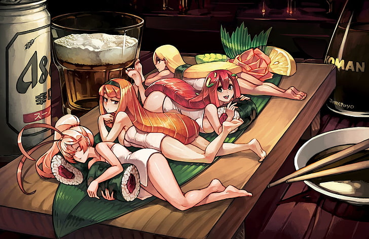 женщины, лежащие на зеленом листе аниме обои, аниме девушки, аниме, суши, закусочная, оригинальные персонажи, HD обои