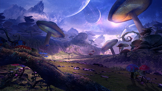 mushrooms, planet, art, fantasy, HD wallpaper HD wallpaper